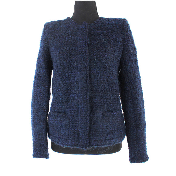 IRO Billa Navy Blue Boucle Wool Blend Tweed Snap Blazer 38 Crewneck Jacket M - Picture 2 of 8